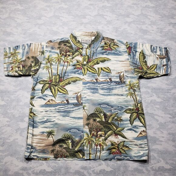 Free World Hawaiian Shirt Mens Medium Blue Island Beach Print Short Sleeve Aloha - Picture 1 of 11